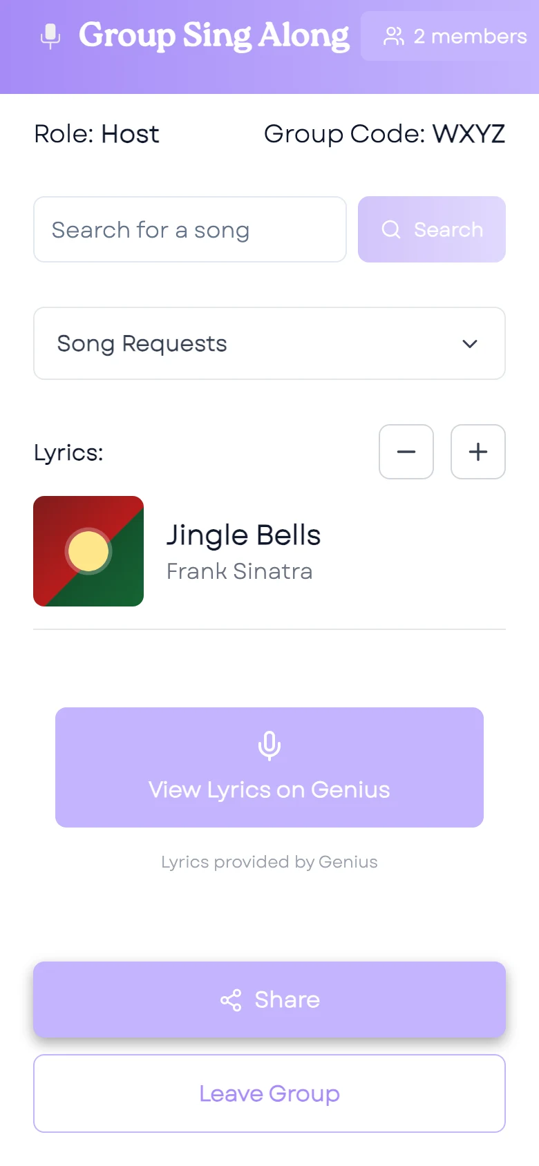The iOS room: a gradient header with 2 members, Role: Host, a search box, Song Requests, Jingle Bells, and a View Lyrics on Genius button above Share and Leave Group.