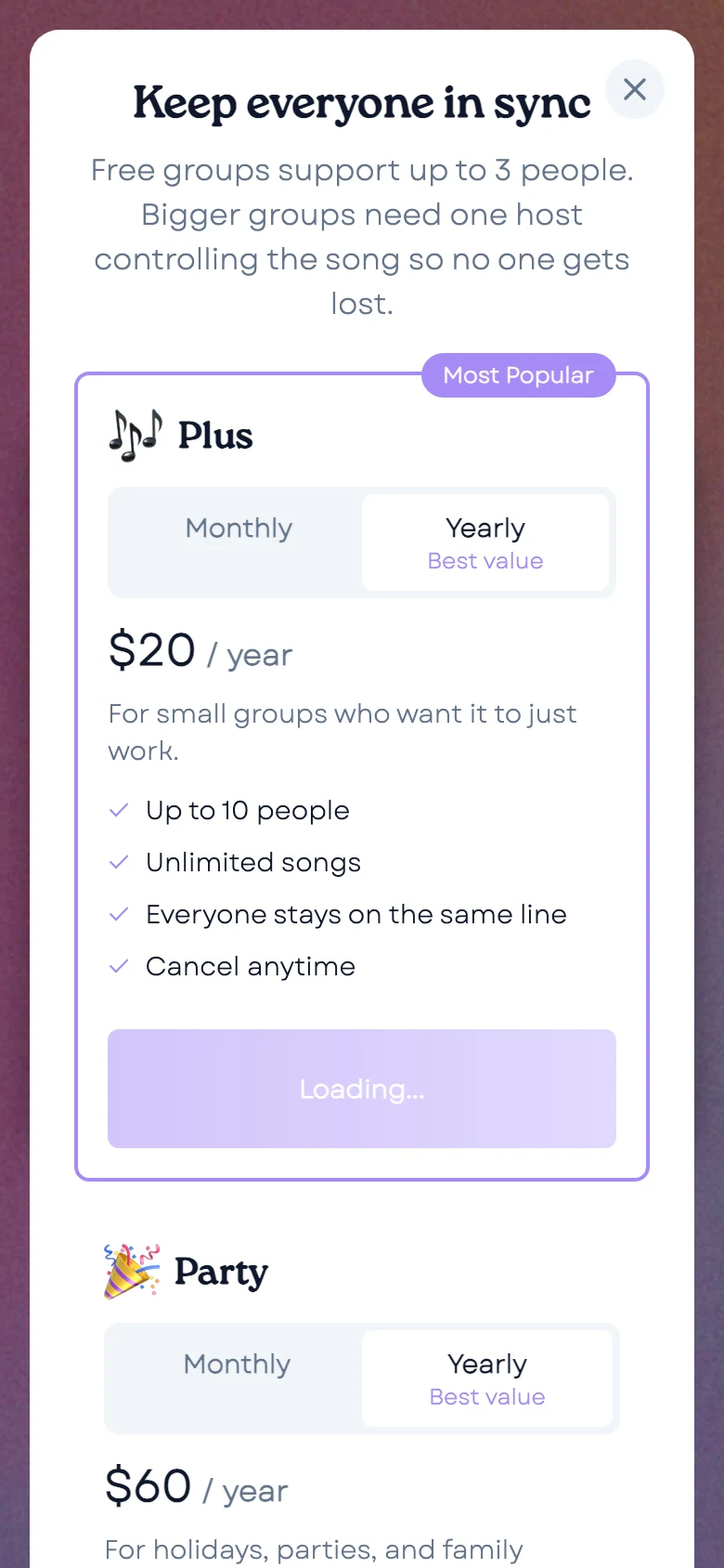 The iOS paywall titled Keep everyone in sync: free groups support up to 3 people, with the Plus plan at $20 a year.