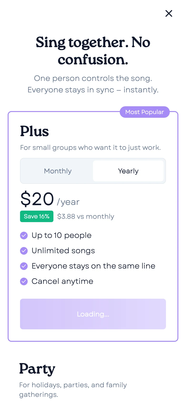 The iOS pricing screen titled Sing together. No confusion., with the Plus plan for up to 10 people.