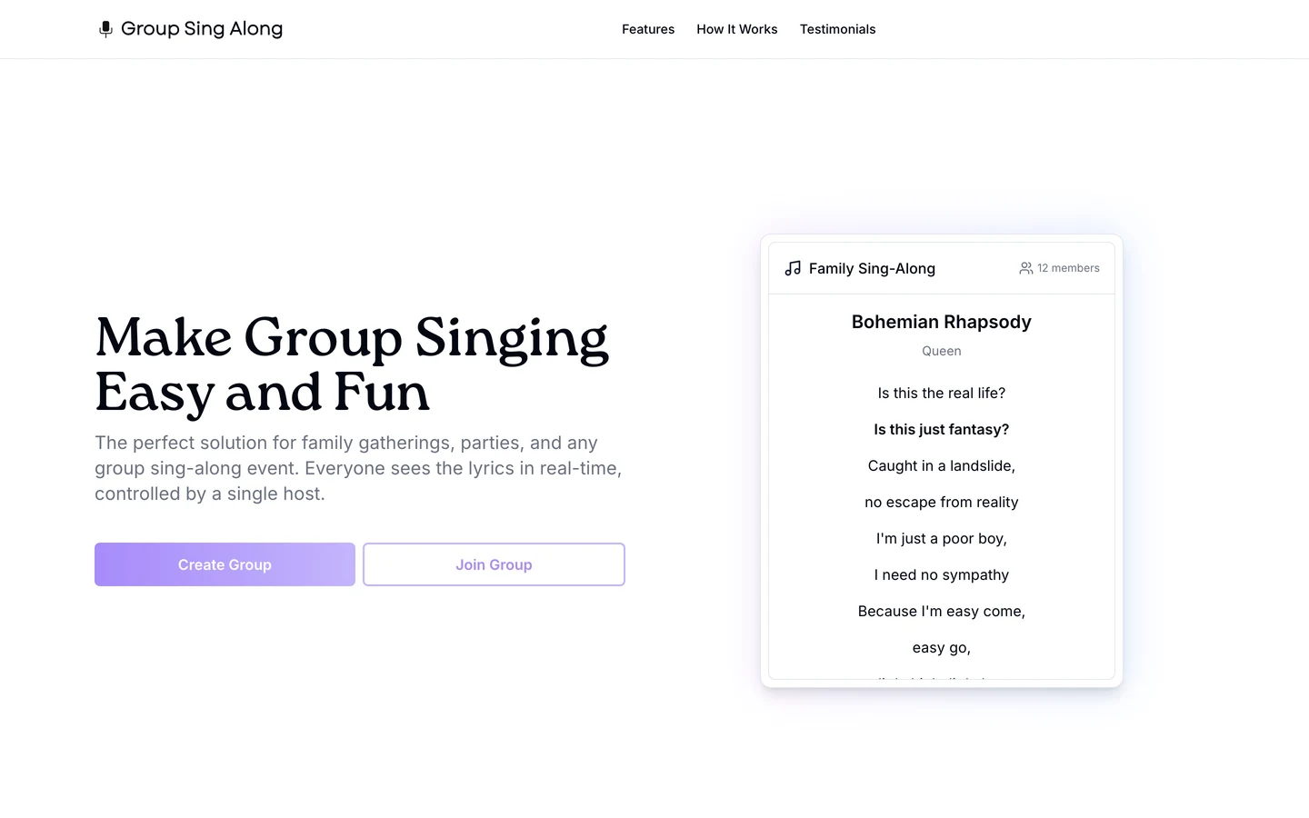 The redesigned landing page: a serif headline, Create Group and Join Group side by side, and a sample lyrics card on the right.