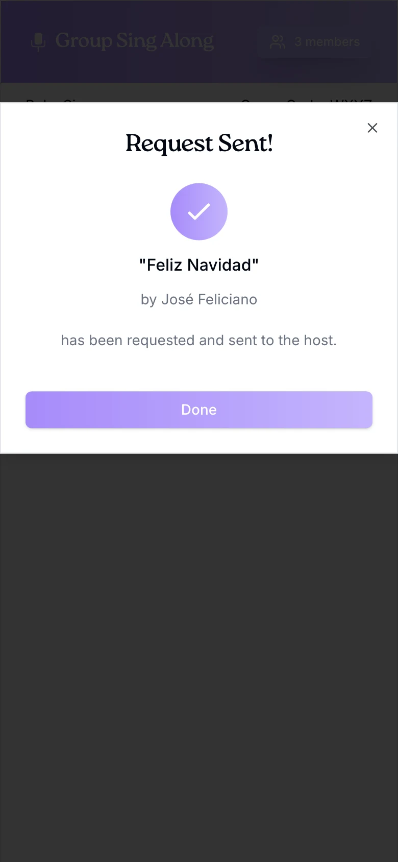A singer’s Request Sent! screen with a violet check mark and the song’s title and artist.