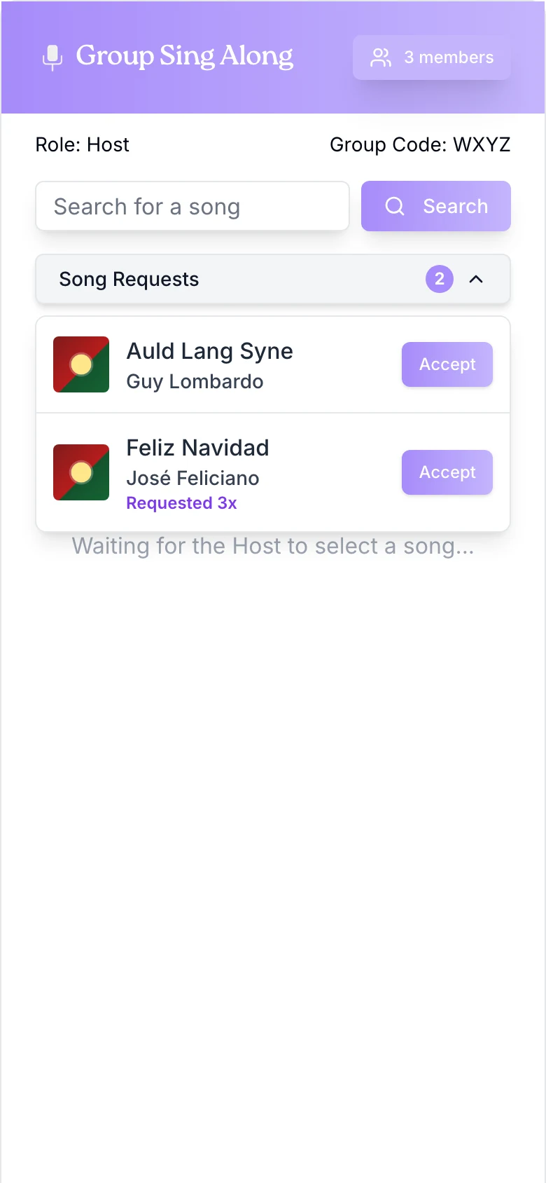 The host’s Song Requests list with a count of 2: Auld Lang Syne, and Feliz Navidad marked Requested 3x, each with an Accept button.