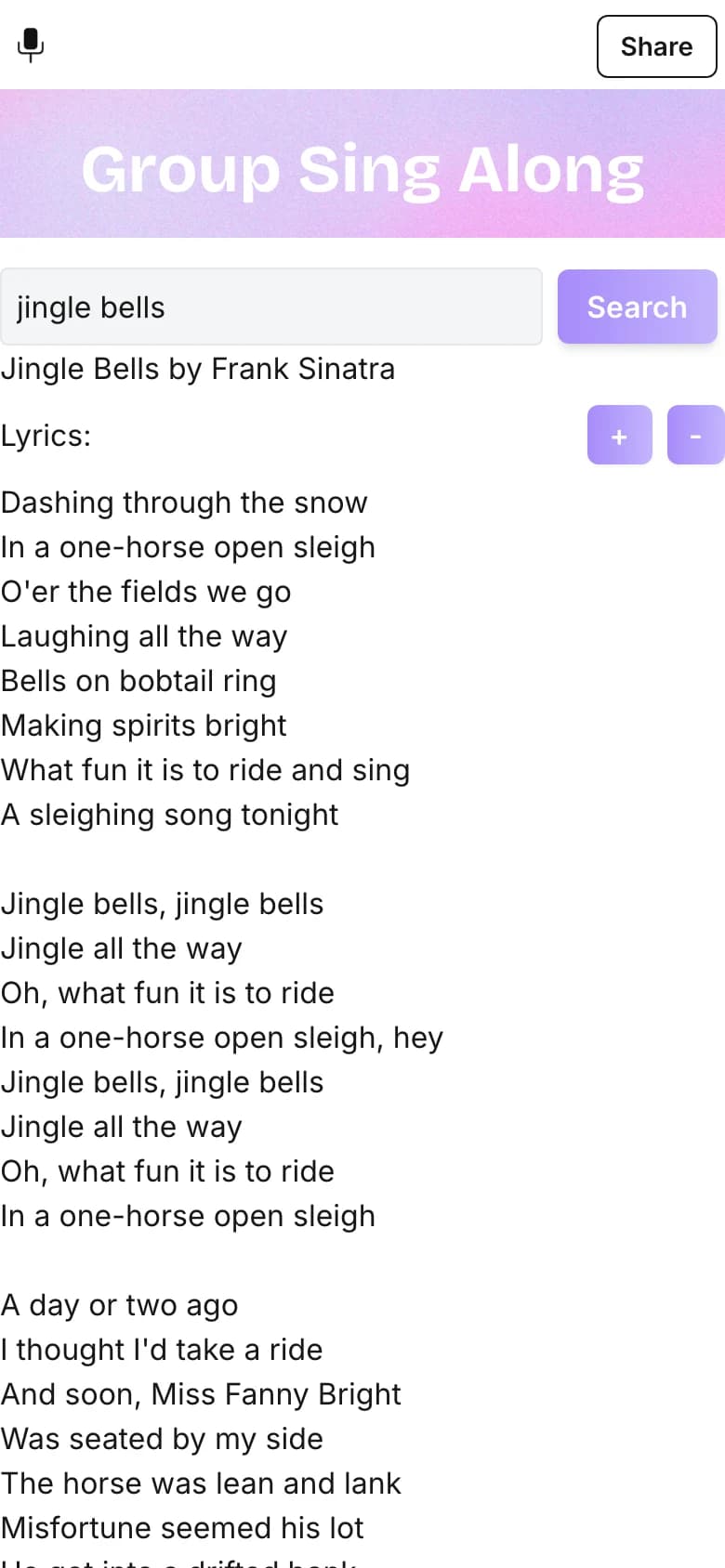 January 7, 2025: a textured banner title, a plain search box, the song name in one line and lyrics in plain text.