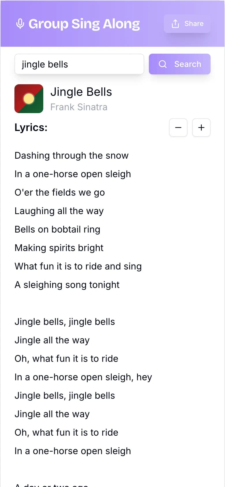 January 30, 2025: a violet gradient header with a Share button, a search box, album art beside Jingle Bells, and lyrics with − and + buttons.