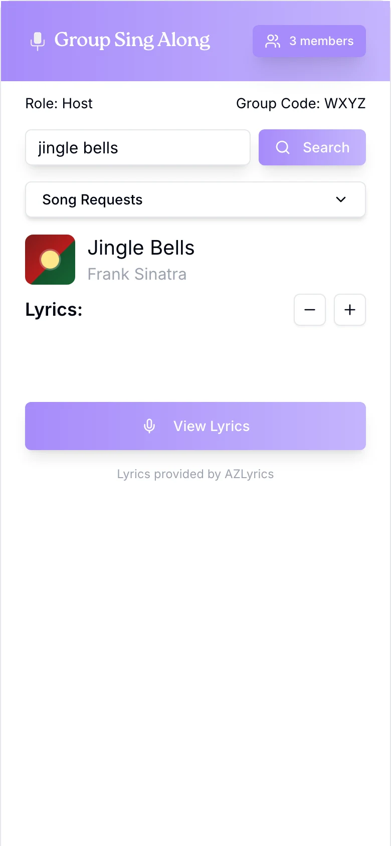 2026: the song row and a large View Lyrics button, with Lyrics provided by AZLyrics below it.