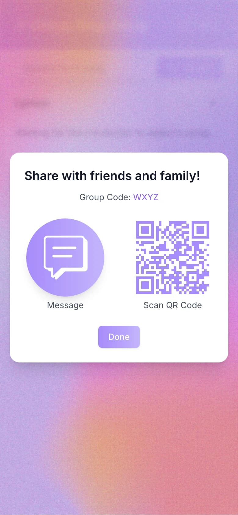 The revised share screen: a large round Message button and a QR code of the same size side by side, labeled Message and Scan QR Code.