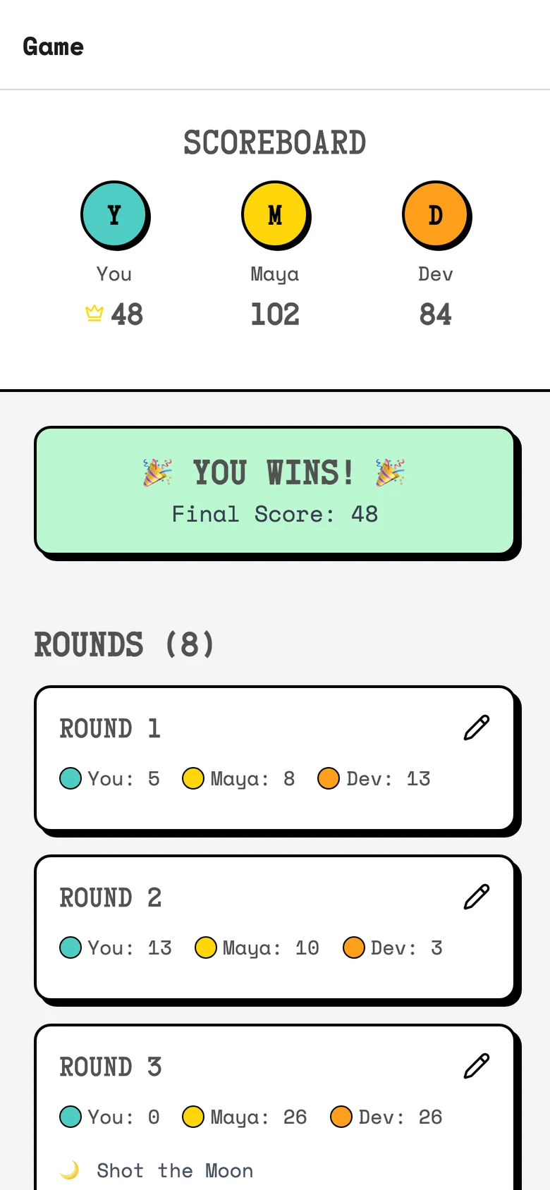 The first draft’s end of game: a green YOU WINS! banner above a list of round cards.