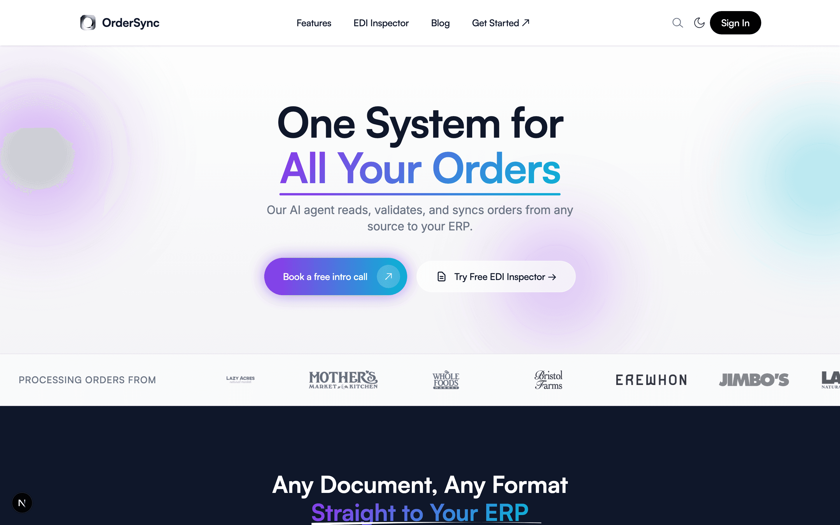 The old OrderSync homepage: a centered headline with “All Your Orders” in a purple-to-blue gradient, glowing purple and cyan orbs behind it, a gradient Book a free intro call button, and a filled black Sign In button in the header.