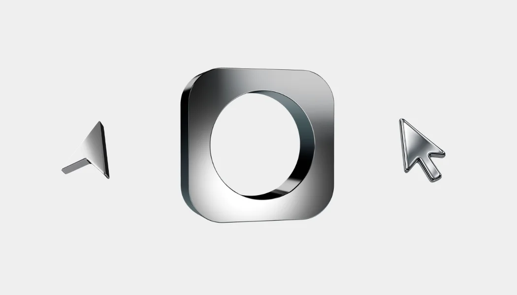 Pale gray card with the chrome O between a chrome arrow and a chrome cursor.