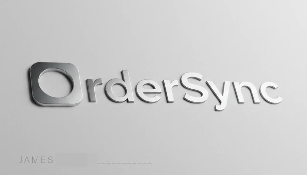 Pale gray paper with the OrderSync wordmark embossed in silver, and JAMES with a blurred surname and a signature line at the bottom left.