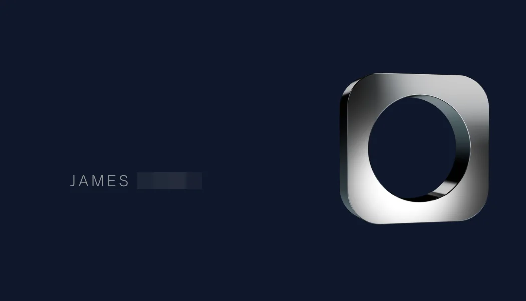 Navy card with JAMES and a blurred surname on the left and the chrome O on the right.