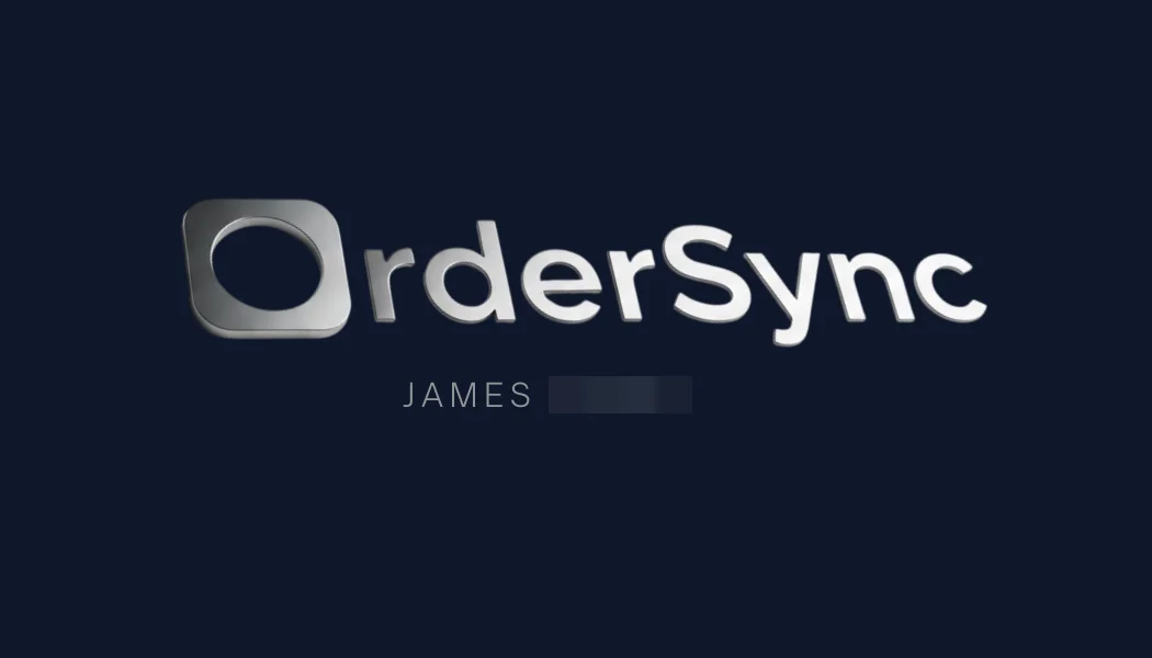 Navy card with a flatter chrome OrderSync wordmark and JAMES with a blurred surname below it.