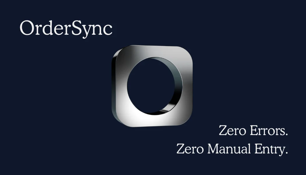The front of the card: OrderSync at the top left, the chrome O in the middle and “Zero Errors. Zero Manual Entry.” at the bottom right, in white on navy.