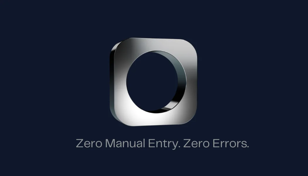 Navy card with the chrome O in the middle and “Zero Manual Entry. Zero Errors.” below it in a gray sans serif.