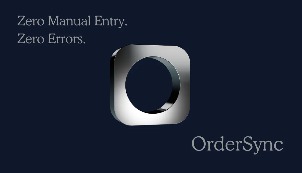 Navy card with the chrome O in the middle, “Zero Manual Entry. Zero Errors.” at the top left and OrderSync at the bottom right.