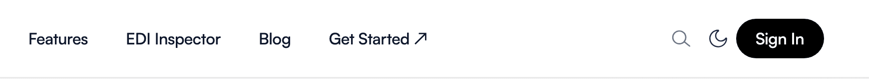 The old header: Features, EDI Inspector, Blog and Get Started, then a filled black Sign In button.