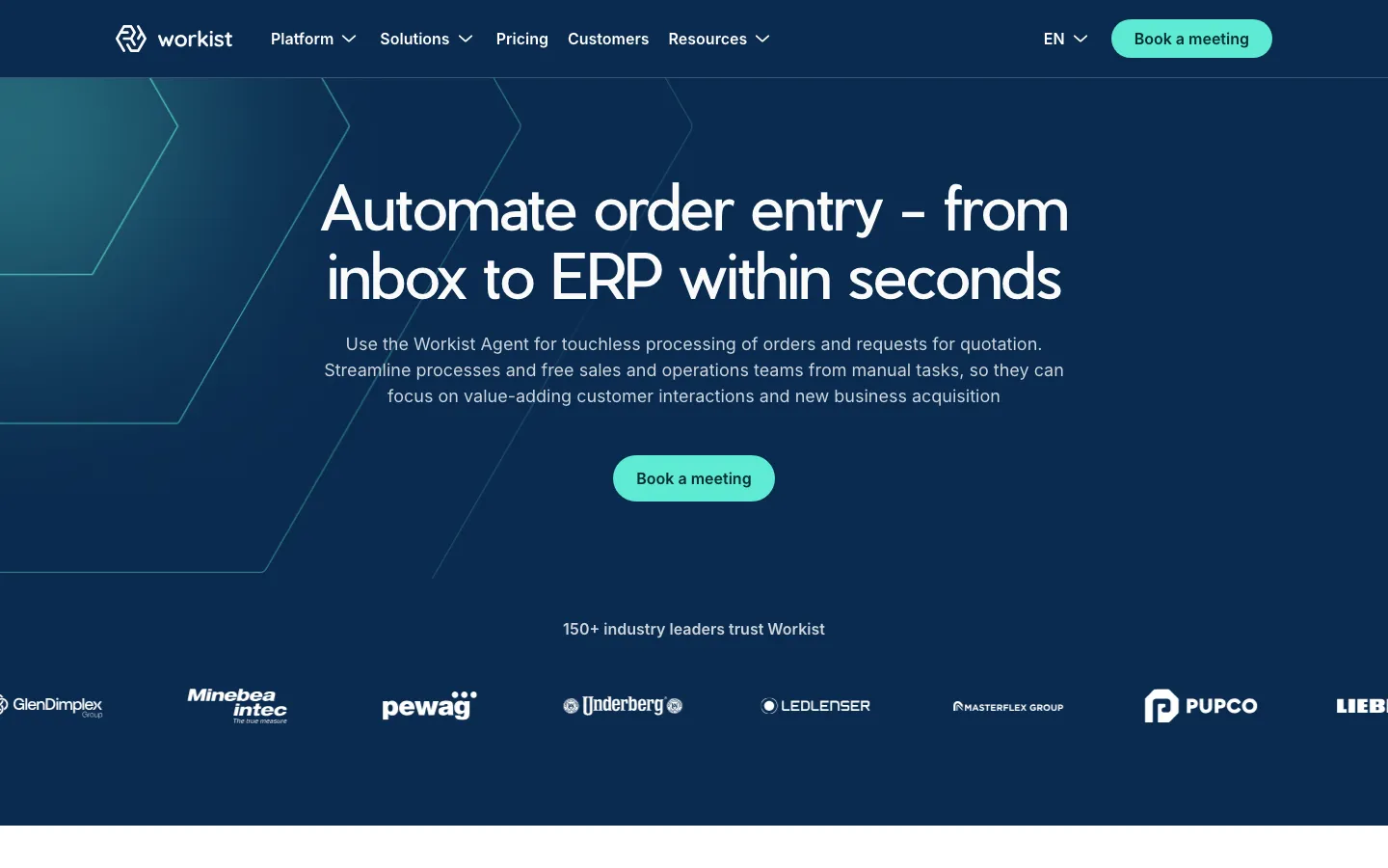 Workist’s homepage: dark navy with hexagon line art, “Automate order entry – from inbox to ERP within seconds”, a mint Book a meeting button and a row of customer logos.