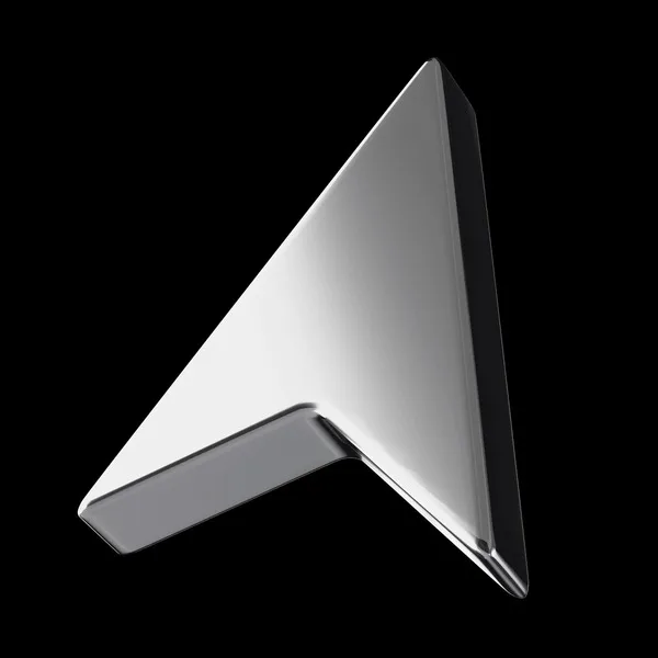 A 3D arrow in brushed metal on black.