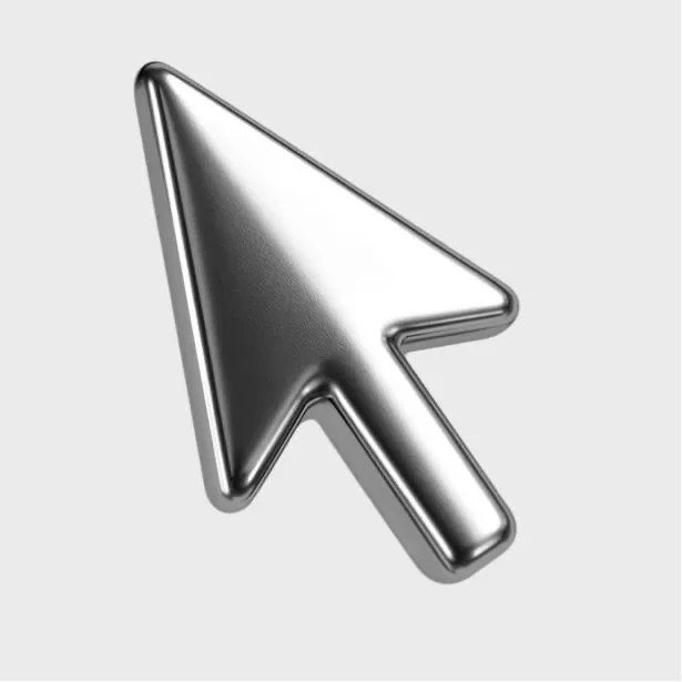 A 3D mouse pointer in polished chrome.
