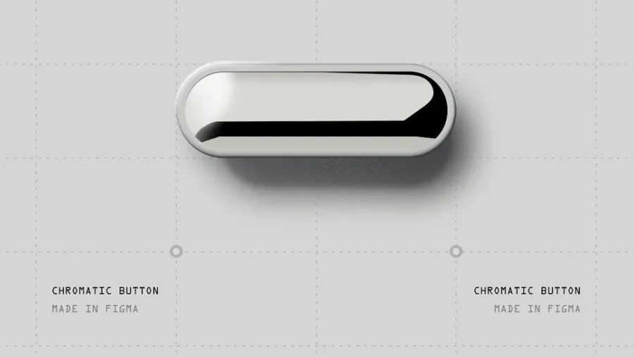 A glossy chrome pill button labeled Chromatic Button, made in Figma, on a light gray grid.
