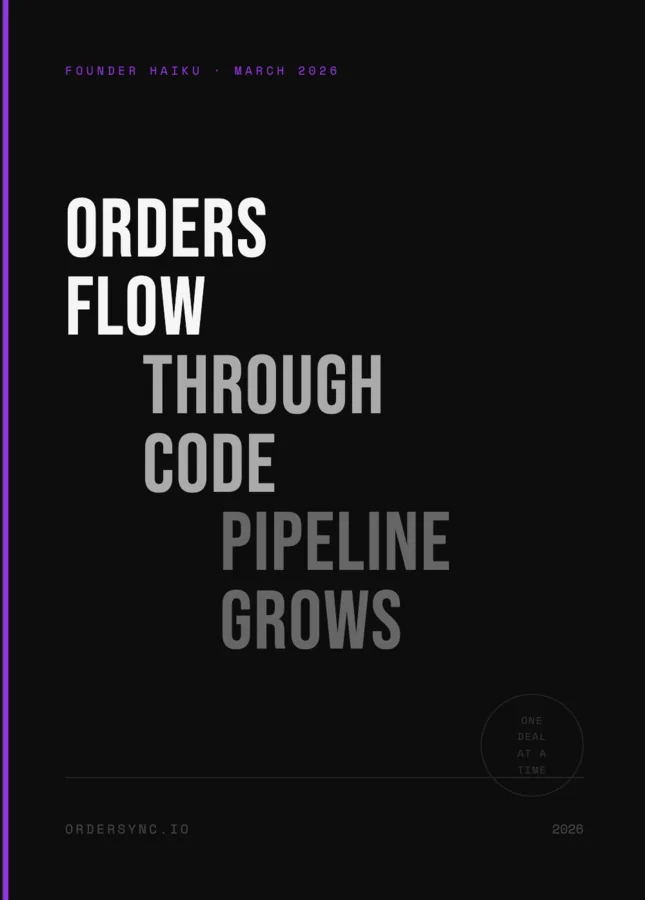 A dark poster, Founder Haiku · March 2026: ORDERS FLOW THROUGH CODE PIPELINE GROWS in tall condensed type fading from white to gray, with a purple stripe down the left edge.