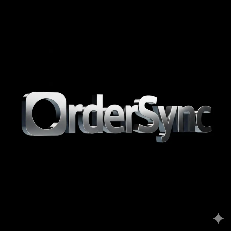 The OrderSync wordmark as thick 3D chrome letters on black, with the O drawn as a rounded square ring.