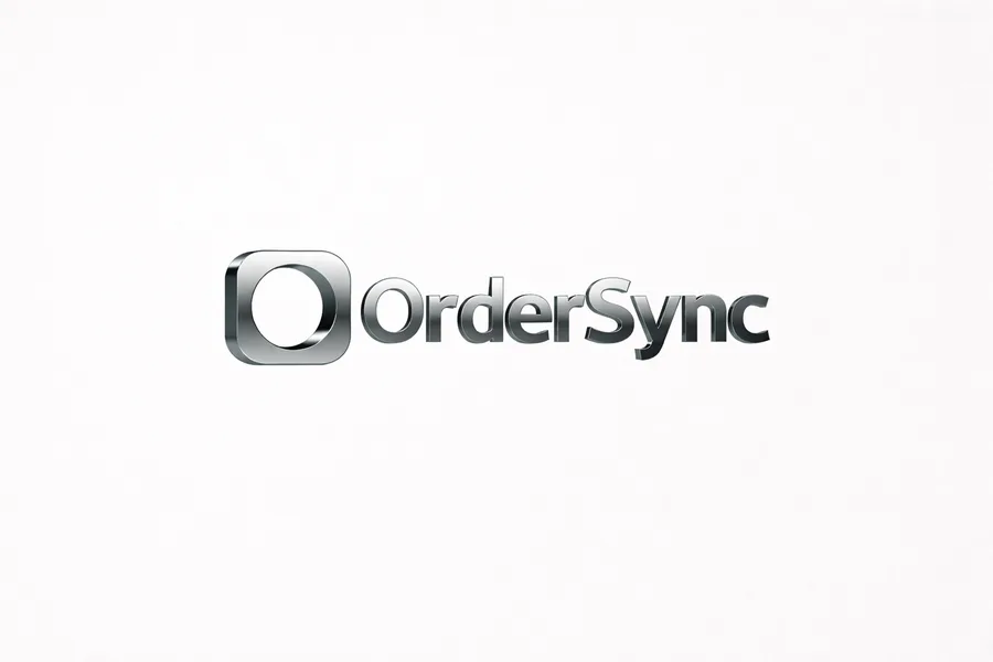 A flatter chrome version: the rounded square O as a separate mark beside OrderSync in chrome letters, on white.