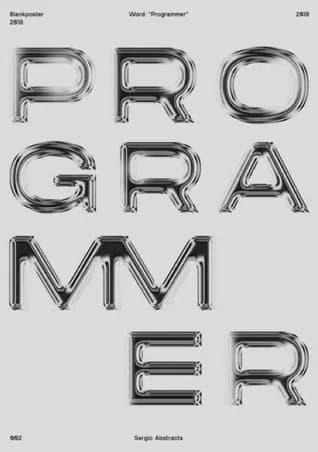 A poster spelling PROGRAMMER in chrome letters.
