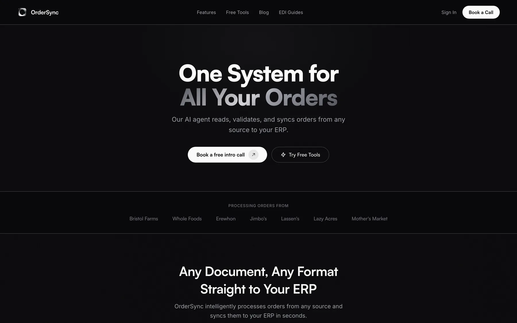 Direction 1: the homepage on near-black, with “One System for All Your Orders” in white fading to chrome gray, a white Book a free intro call pill and a gray Try Free Tools button.