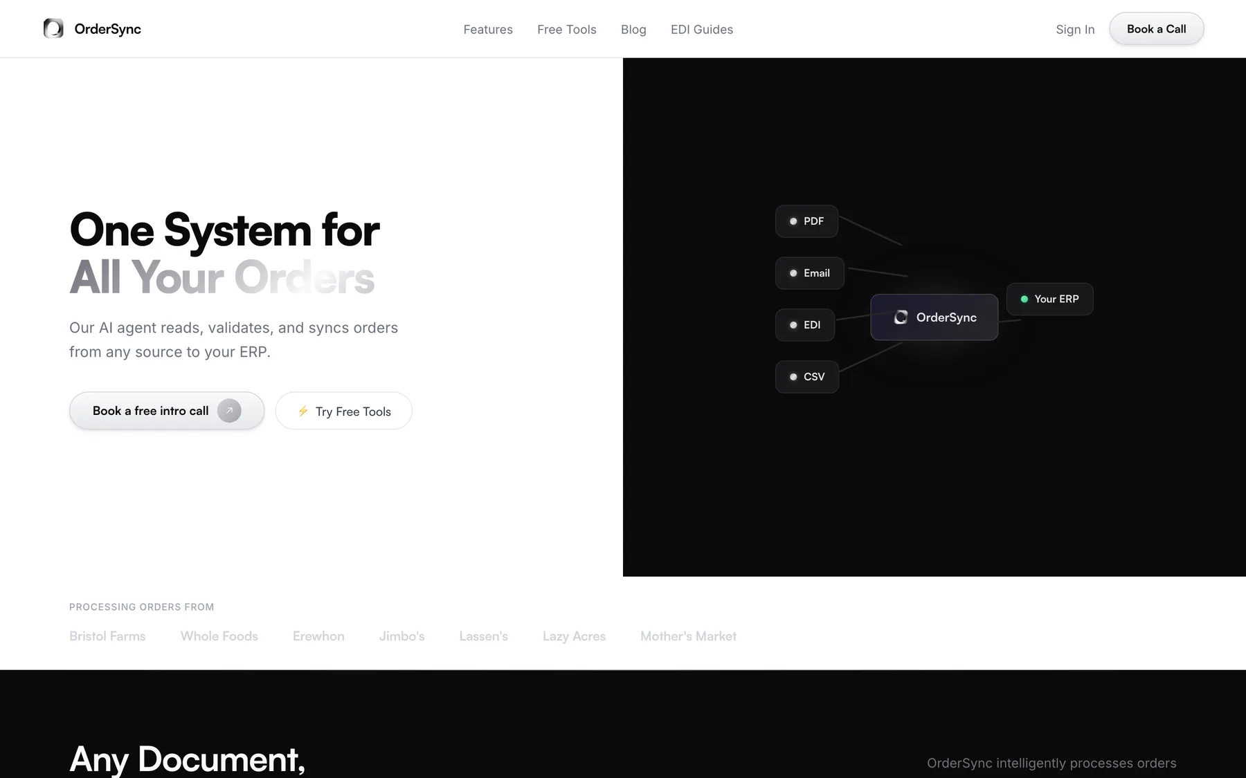 Direction 2: a white page with the same headline in black fading to chrome gray, a chrome Book a free intro call pill, and a black panel showing PDF, email, EDI and CSV flowing into OrderSync and then an ERP.