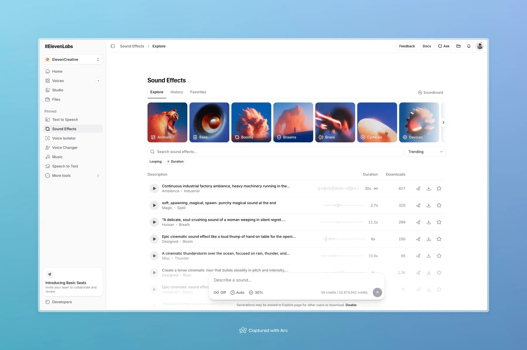 The reference James shared: ElevenLabs’ Sound Effects page, a white app with a plain sidebar, a row of image tiles and a simple list of sounds with play buttons.