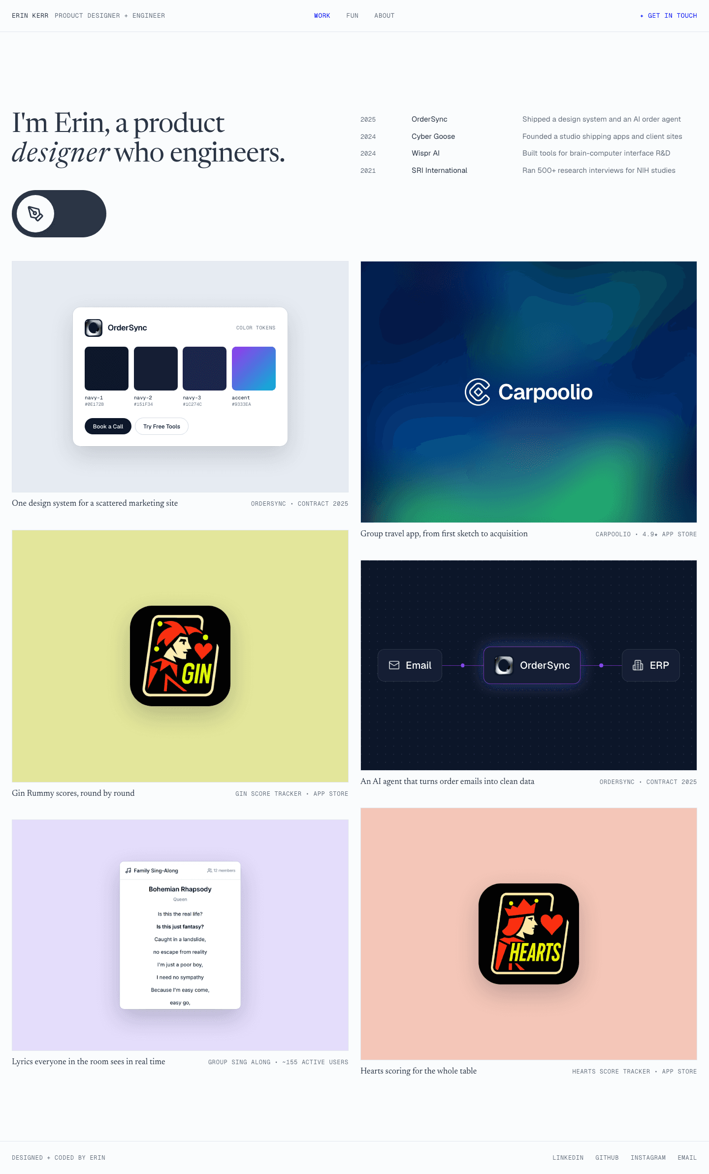 The full 2026 homepage: the headline and switch, the experience list, then 2 columns of project tiles.