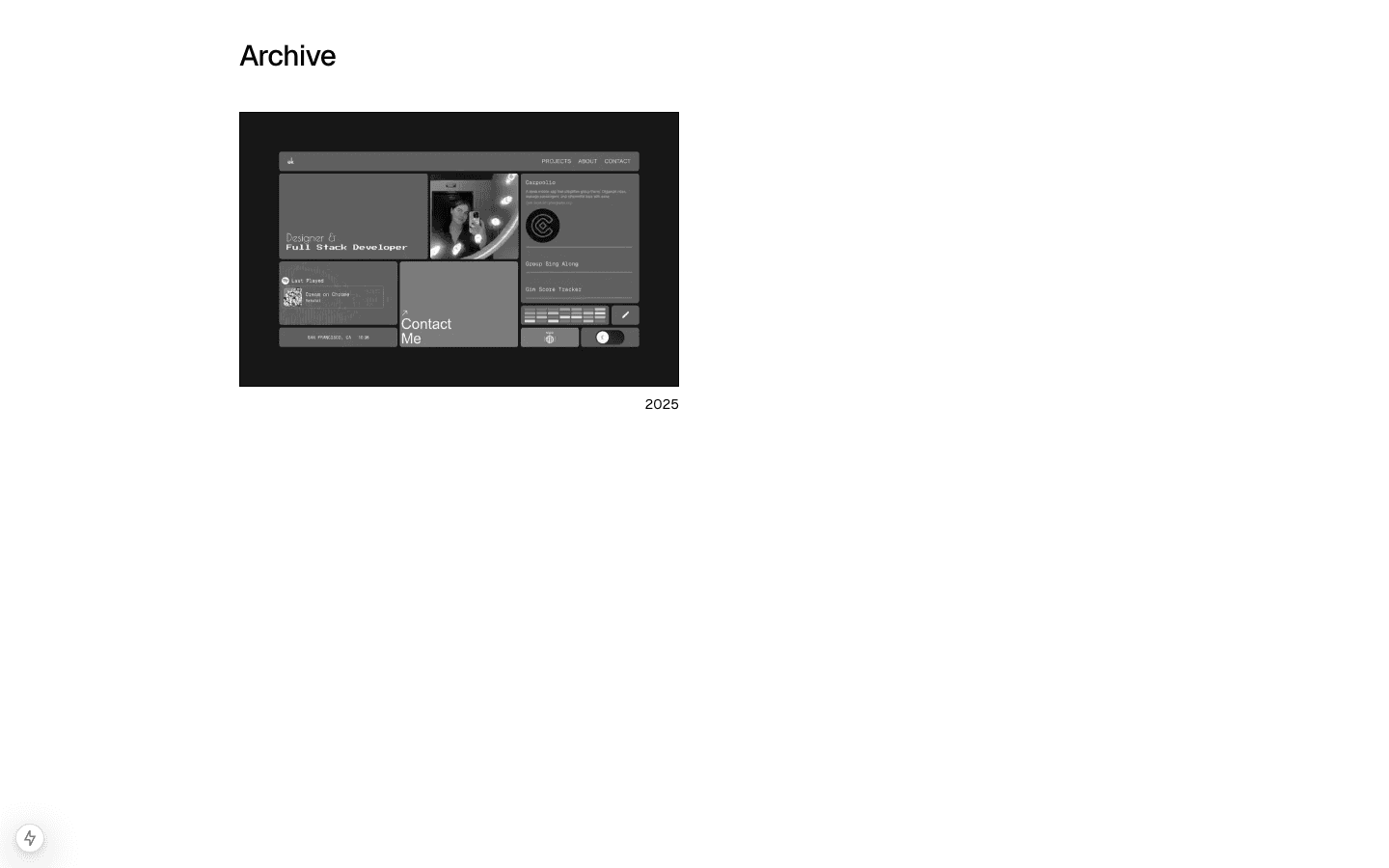 The archive page: the heading Archive above a grayscale thumbnail of the 2025 homepage, labeled 2025.