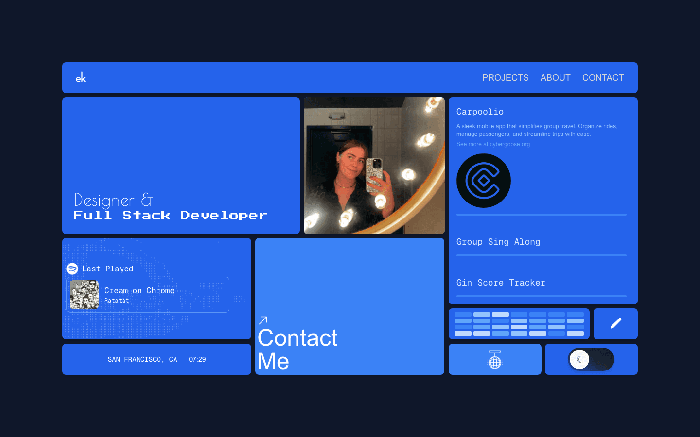 The 2025 homepage: 10 electric-blue tiles on a navy page, the largest reading “Designer & Full Stack Developer”.