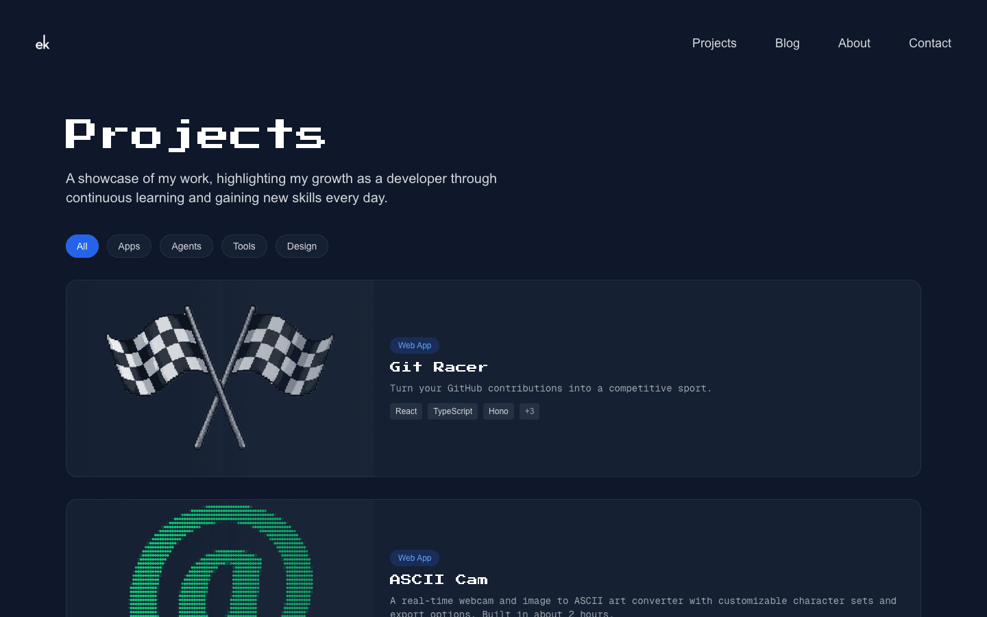 The 2025 projects page: a pixel-type “Projects” heading, an intro about growing as a developer, and Git Racer as the first card with React, TypeScript and Hono chips.