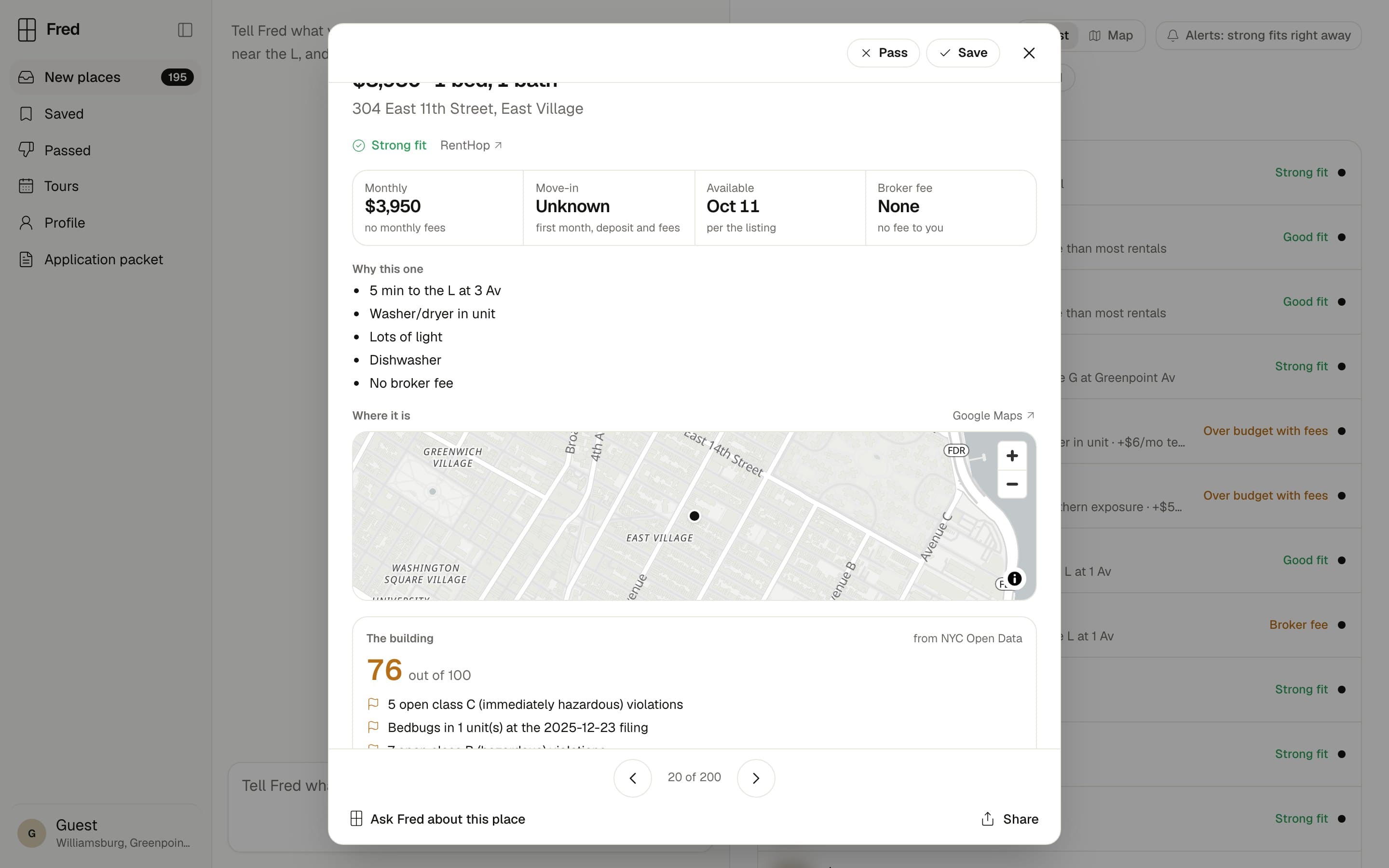 A different listing: a strong fit with no broker fee and laundry in unit, whose building scores 76 out of 100 with 5 open class C violations and bedbugs in one unit.