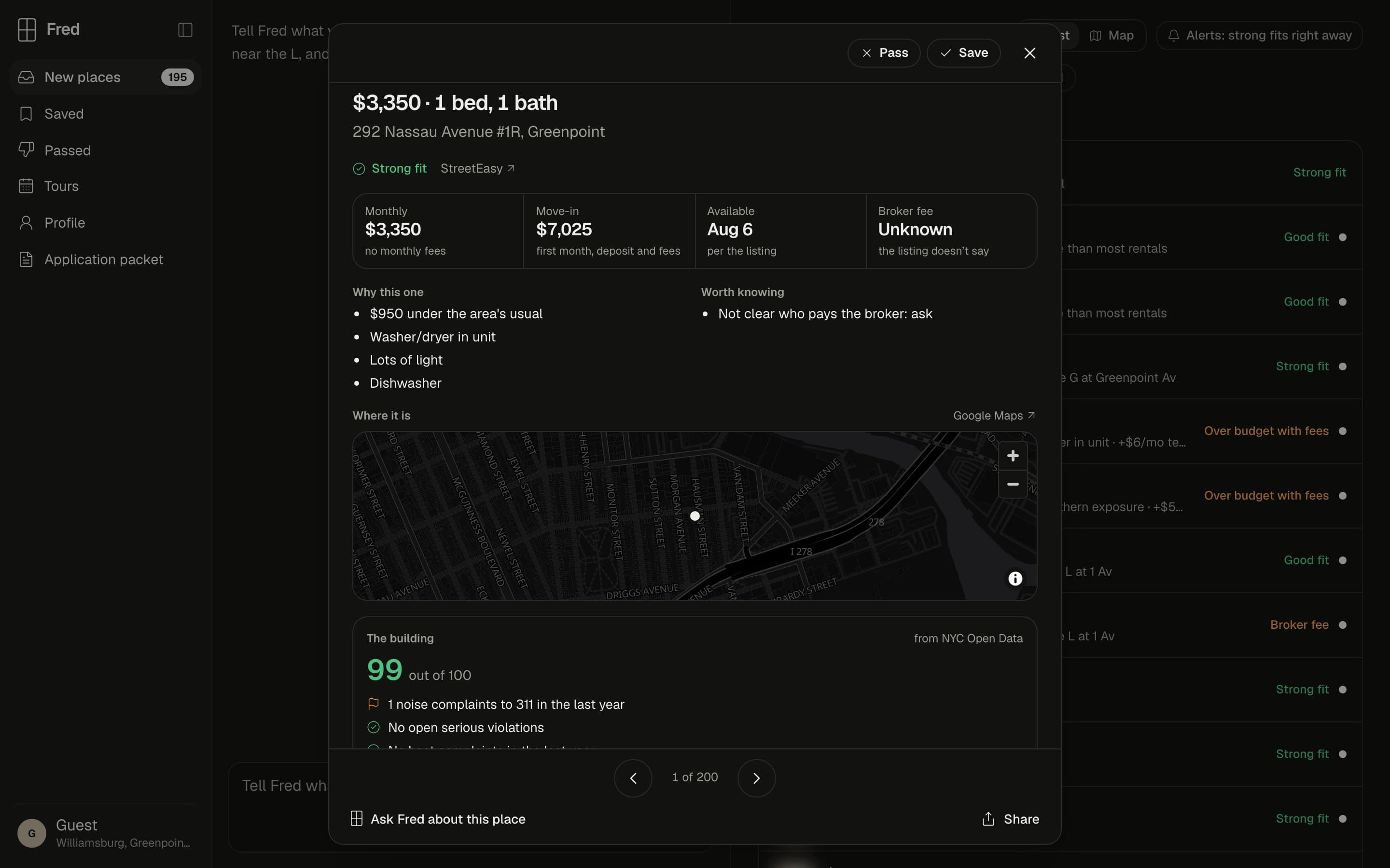 A listing in dark mode, with dark map tiles and the map’s zoom buttons themed to match.