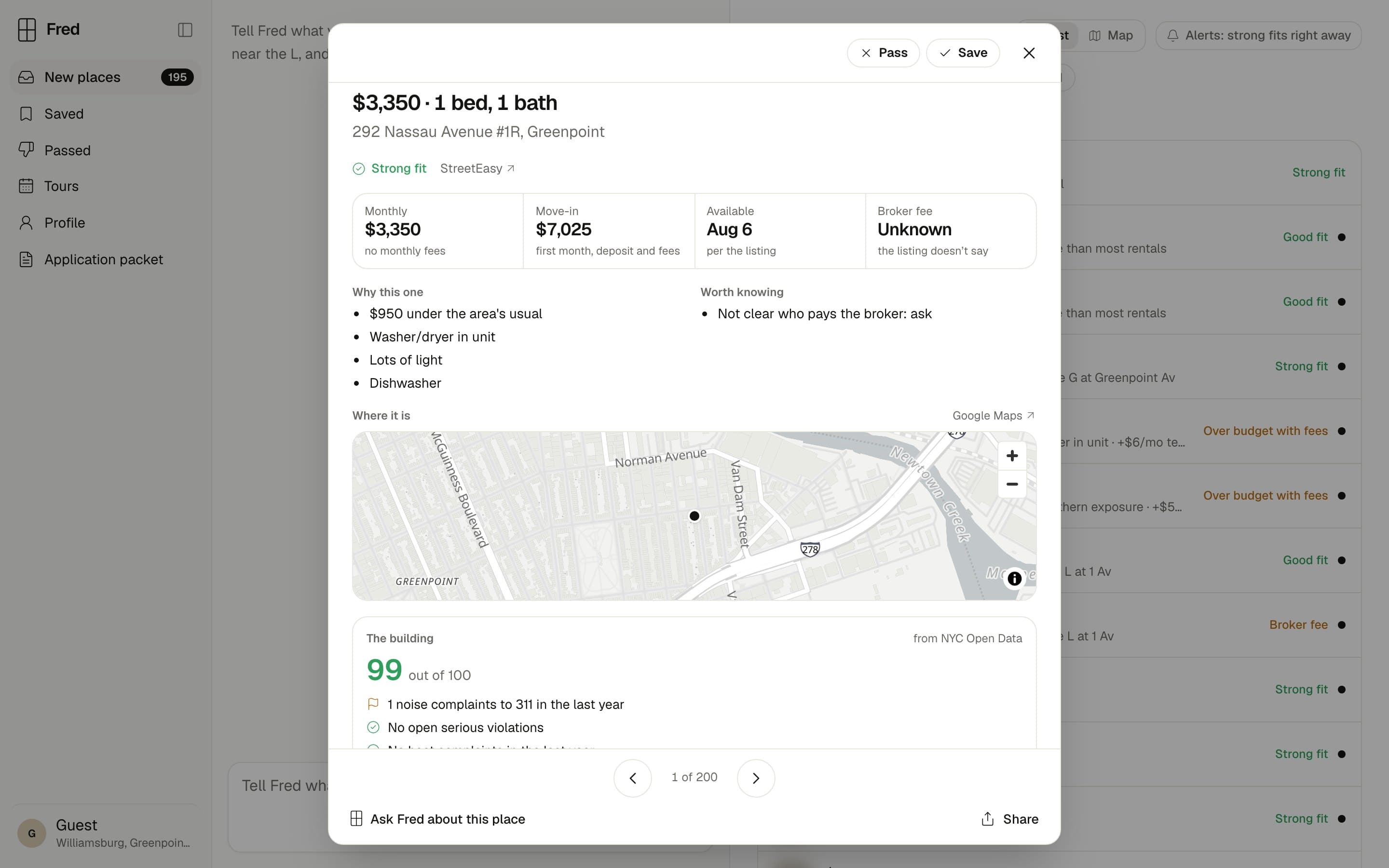 Lower in the same listing: four fact boxes for monthly cost, move-in, availability and broker fee, a Why this one list, a Worth knowing list, a mini map, and a building score of 99 out of 100 from NYC Open Data.