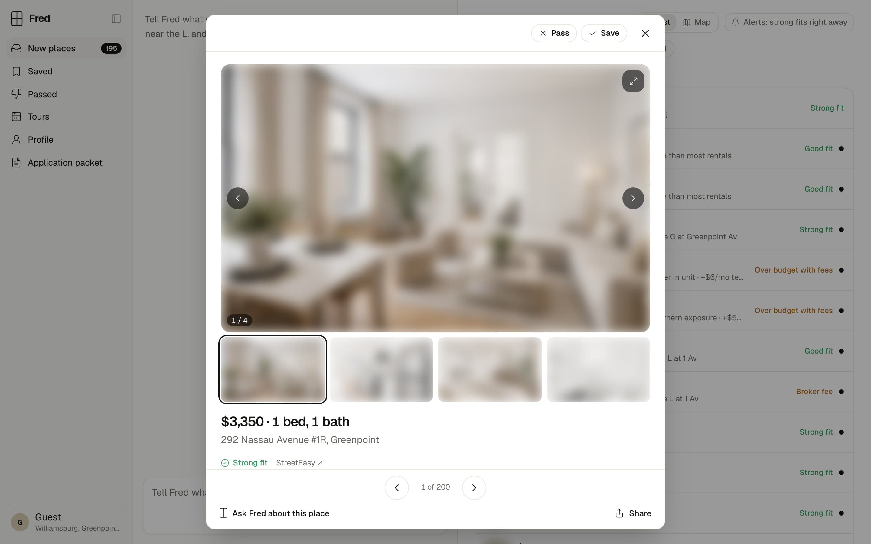 A listing open in a modal: a large photo with thumbnails, the price and beds, the address, a Strong fit label, Pass and Save at the top, and arrows to step to the next place at the bottom.