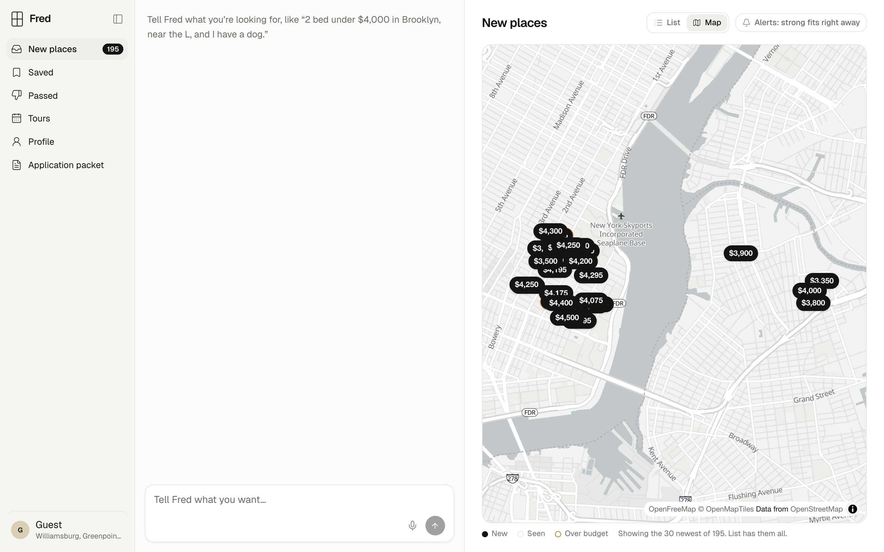 The map view: places shown as black price pills over a light map of Manhattan and Brooklyn, with a legend for new, seen and over budget.
