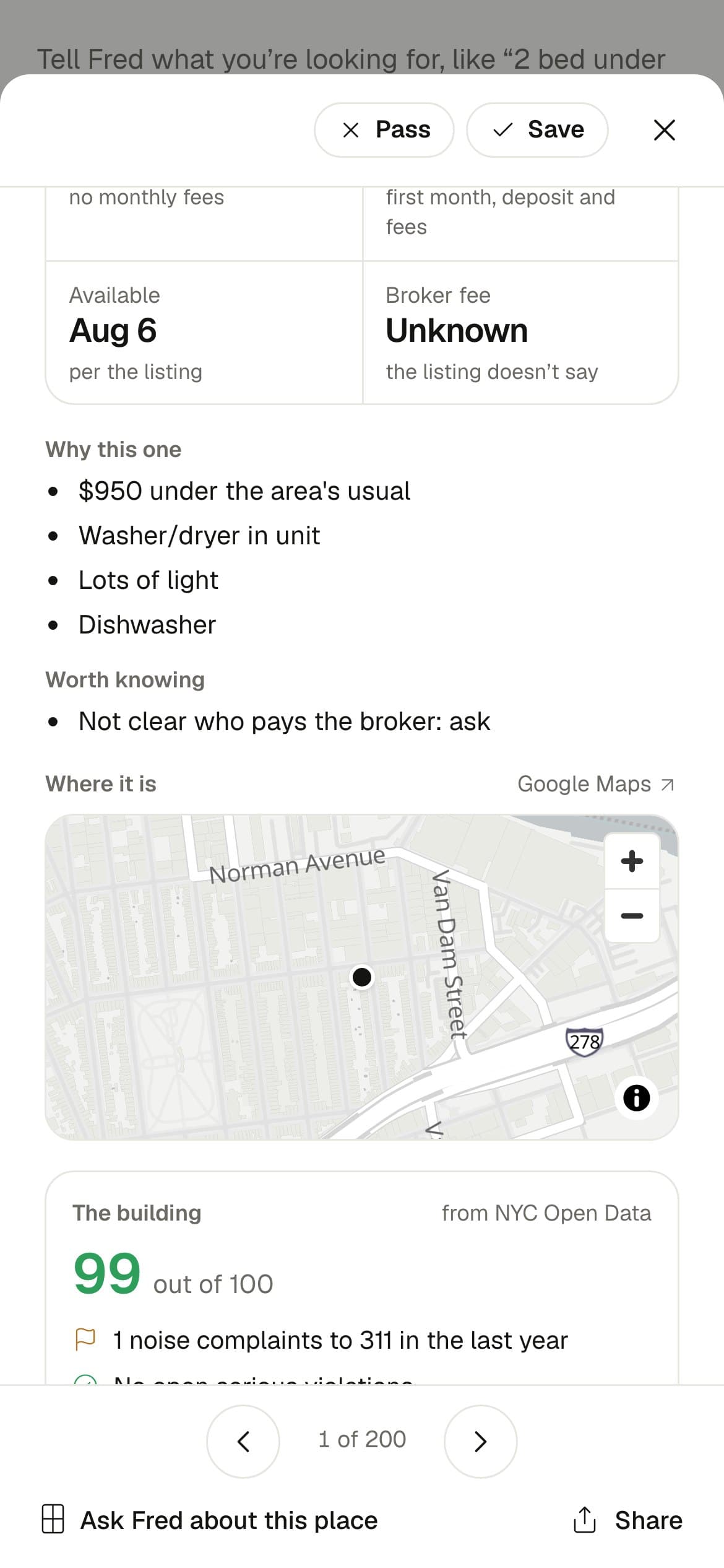 Lower in the listing on a phone: Why this one, Worth knowing, the mini map and the building score.