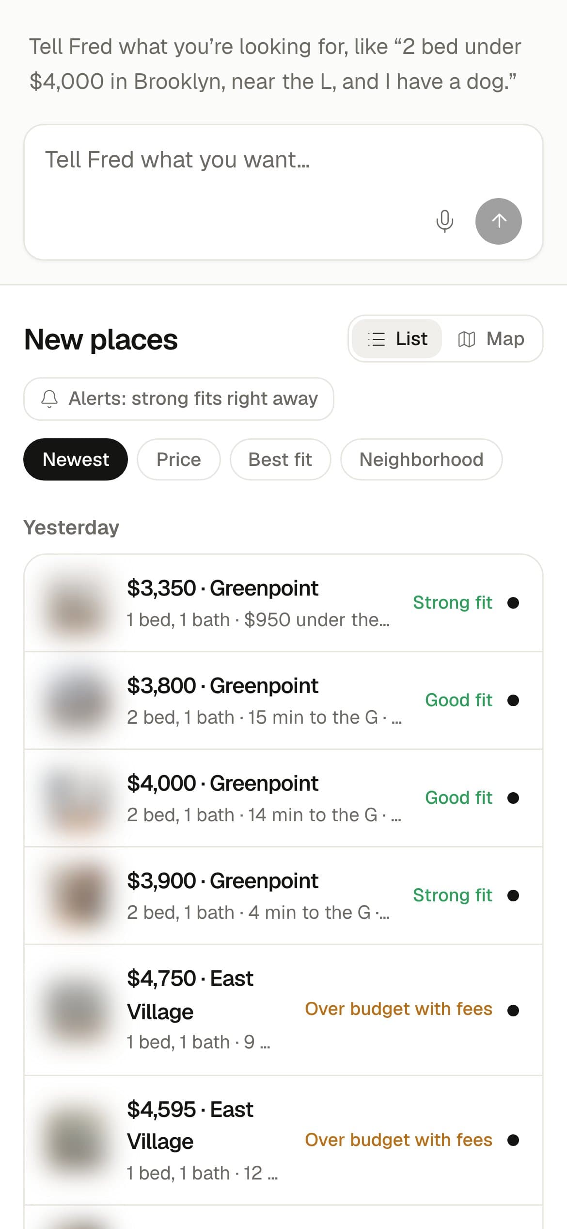 Fred on a phone: the chat box at the top and the inbox of places below.