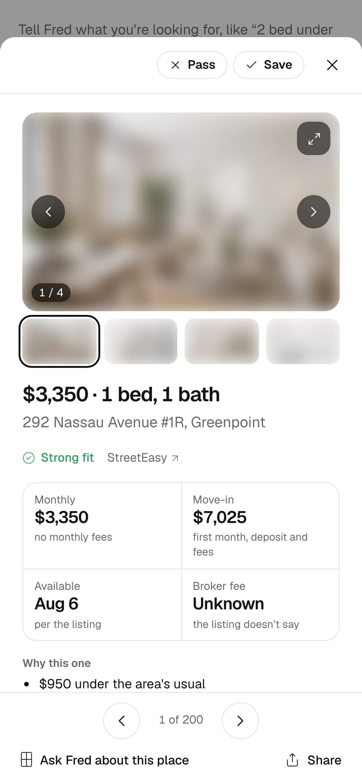 A listing open full screen on a phone, with photos, price, address and the four facts.