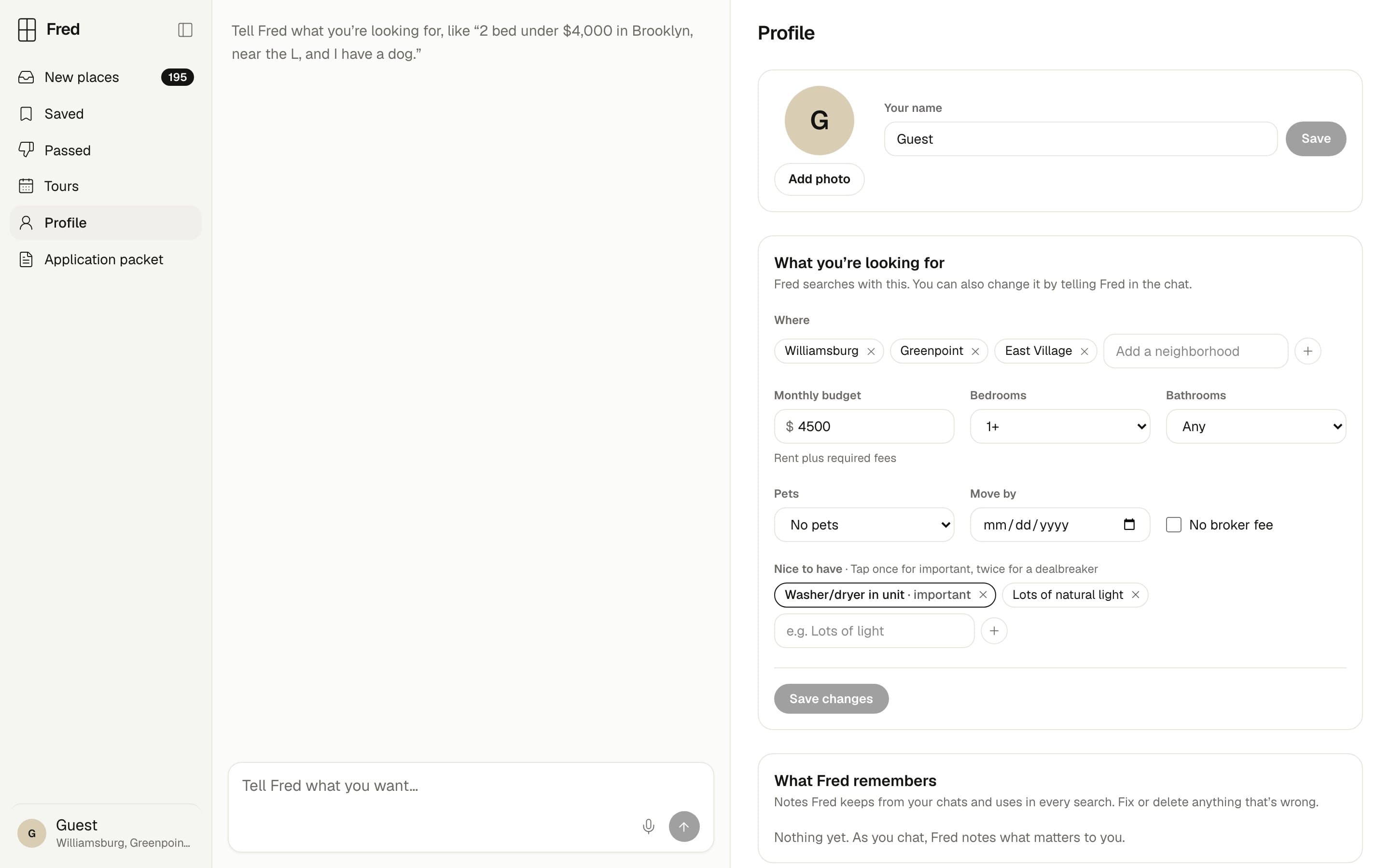 The Profile page: your photo and name, then What you’re looking for with neighborhoods, budget, bedrooms, bathrooms, pets, a move-by date, a no broker fee checkbox and nice-to-have chips, then What Fred remembers.